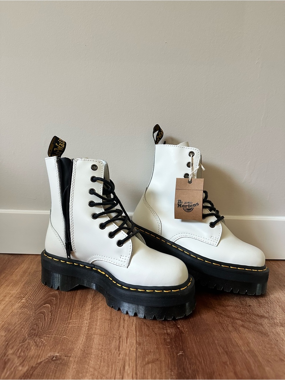 Dr. Martens White Leather Platform Lace-Up Boots with Black Sole